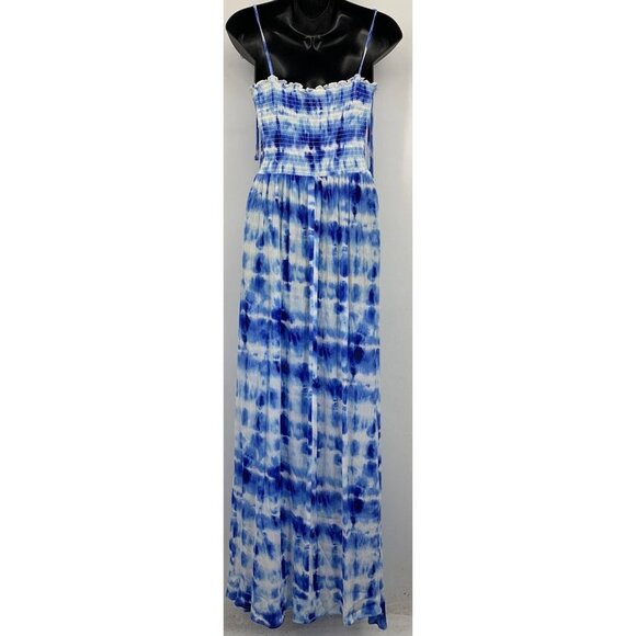 Forever 21 Women Tie Dye Maxi Dress Size Medium M Blue White Rayon Tie Strap New - Picture 4 of 7